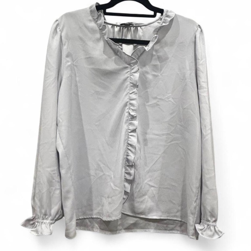 Ann Taylor Factory Silver Blue  Ruffle Blouse | Large